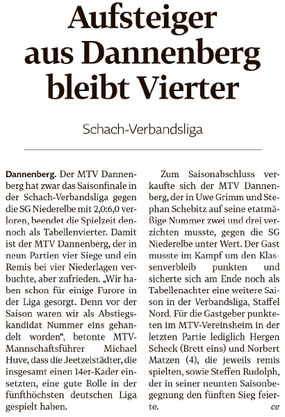 Artikel Aufsteiger Dannenberg aus der EJZ